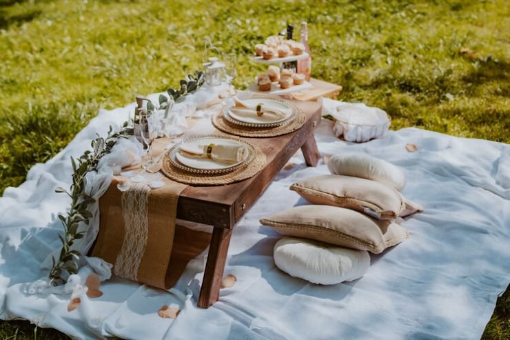 Luxury picnic in East Tennessee with pastel décor, styled tableware, and string lights by Sunset Spreads.